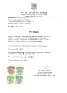 Osvědčení o odborné způsobilosti k výkonu speciální ochranné dezinfekce, dezinsekce a deratizace - potravinářské provozy